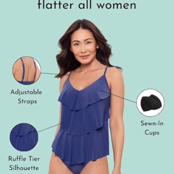 Aqua Green Women's Standard Triple Tier Tankini Top Black - Picture 4 of 4